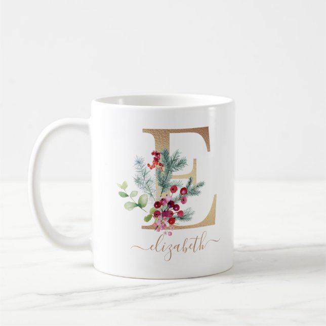 Mug Noël Berries rouges Verdure or Monogramme E (Gauche)