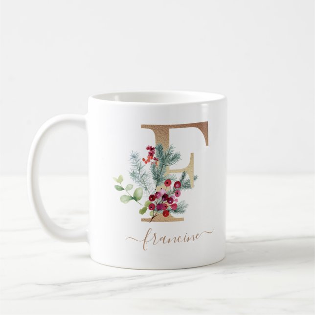 Mug Noël Berries rouges Verdure or Monogramme F (Gauche)