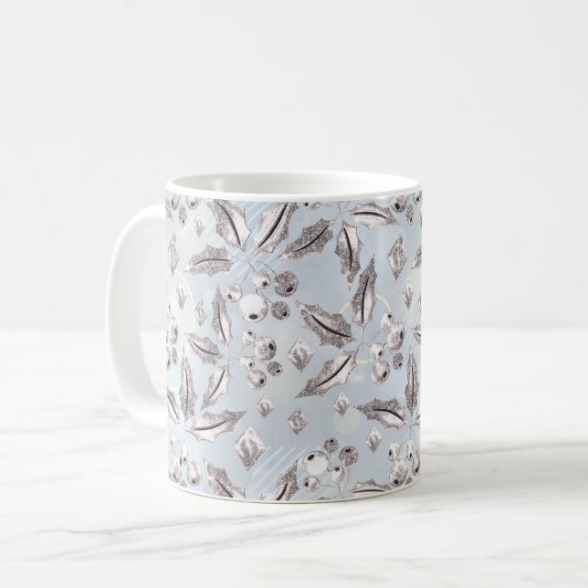 Mug Noël, brindilles argentées, blanc, flocons de neig (Devant gauche)