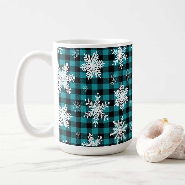 Mug Noël - Buffalo Plaid Snowflakes Turquoises (Avec donut)