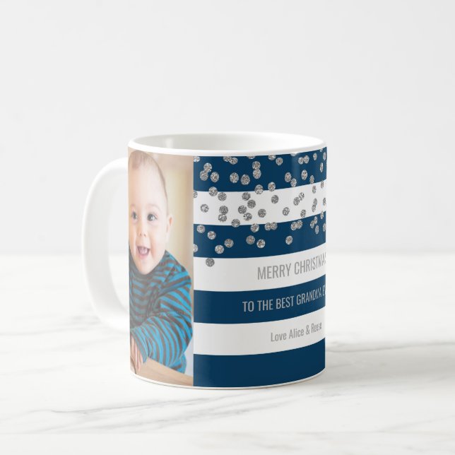 Mug Noël de grand-maman de photo argentée de rayures (Devant gauche)