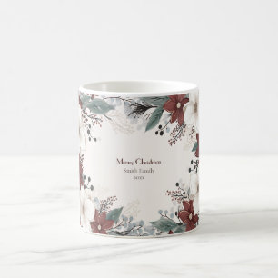 Mug Noël floral personnalisé rouge et blanc