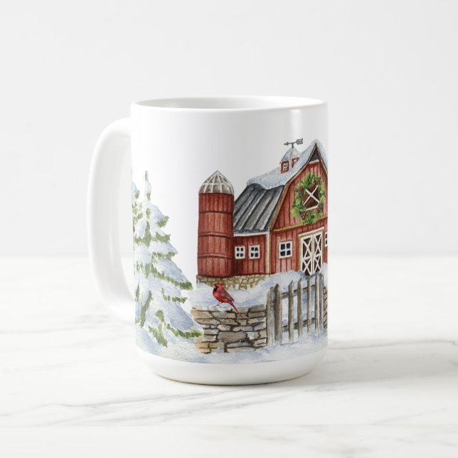Mug Noël Hiver Grange Snowman Trees Oiseau Rouge Neige (Devant gauche)