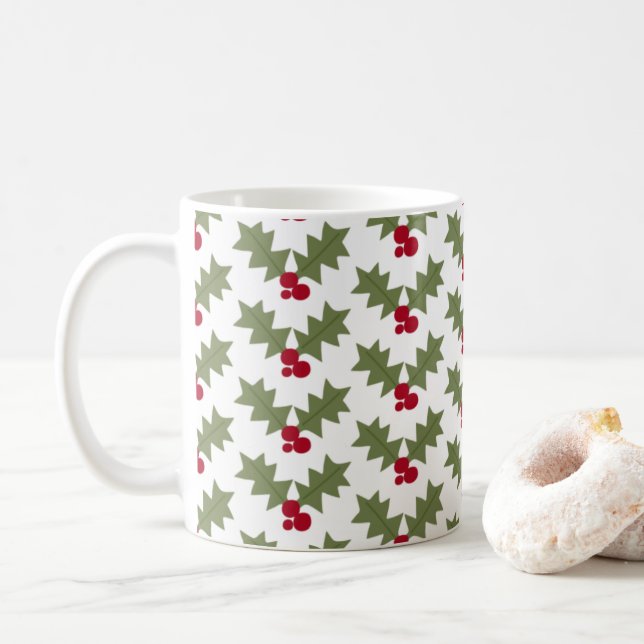 Mug Noël Holly Red Berries Feuilles verts (Avec donut)