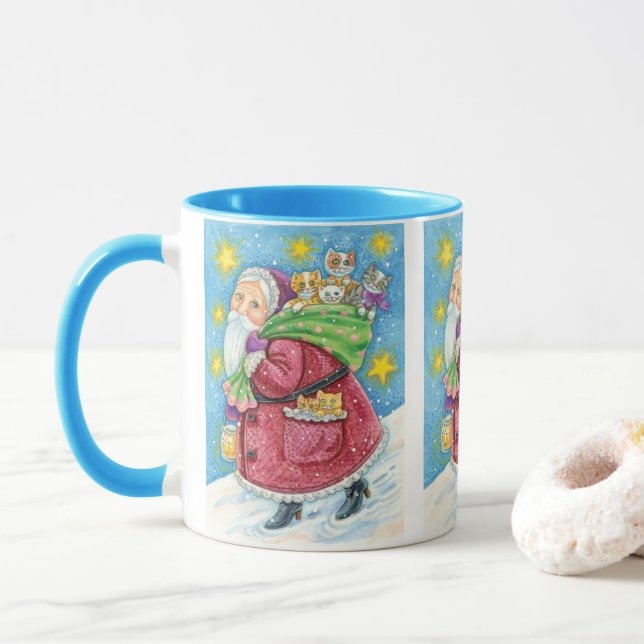 Mug Noël mignon, Père Noël avec chatons et chats ! (Avec donut)