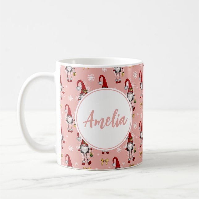 Mug Noël Nordique GnomesMotif rose avec nom (Gauche)