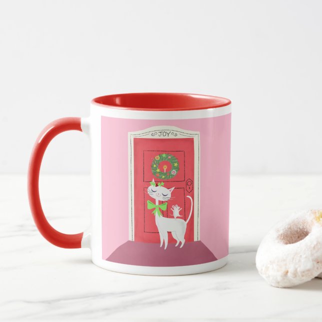 Mug Noël Retro Chat blanc et souris rose (Avec donut)