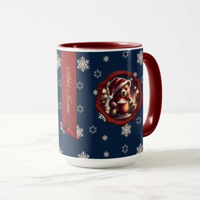 Mug Noël Teddy HotCocoa bannière personnalisée Bleu (Devant droit)