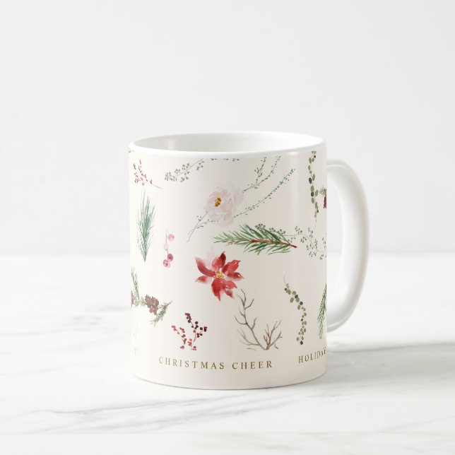 Mug Noël Vacances Boho Élégant Poinsettia Verdure (Devant droit)