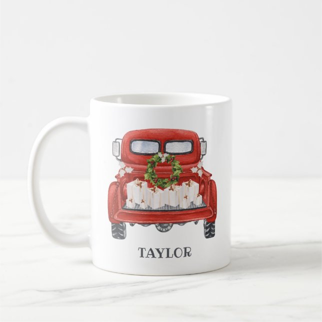 Mug Noël Vintage de camion rouge personnalisé (Gauche)