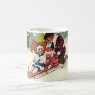 Mug Noël vintage, enfants faisant de la luge dans la n