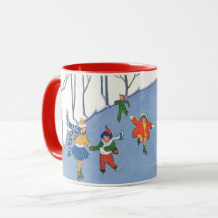 Mug Noël vintage, enfants patinant sur un lac