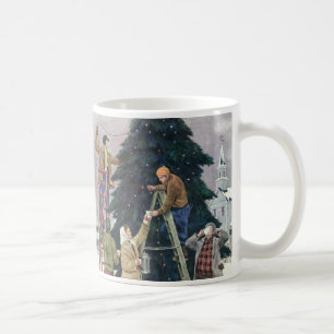 Mug Noël vintage, famille accrochant des lumières sur 
