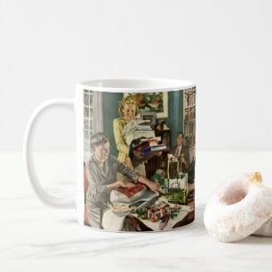 Mug Noël vintage, famille heureuse emballant des cadea
