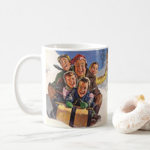 Mug Noël vintage, famille heureuse faisant de la luge