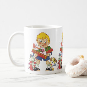 Mug Noël vintage, garçon avec cadeaux et chiot