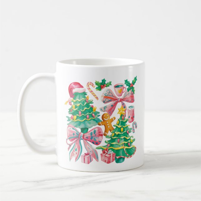 Mug Nœud de sapin de Noël Preppy Rose Bleu Coquette (Gauche)