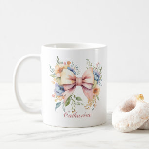Mug Nœud Rose Monogramme Coquette Fleurs Aquarelle