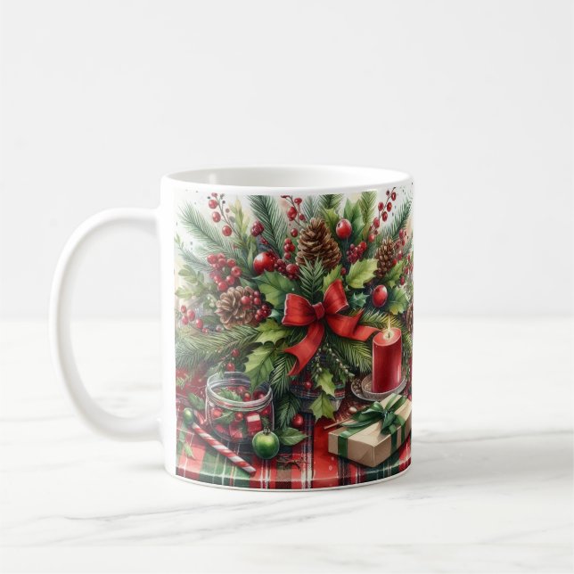 Mug Nœud rouge de Noël festif avec verdure  (Gauche)