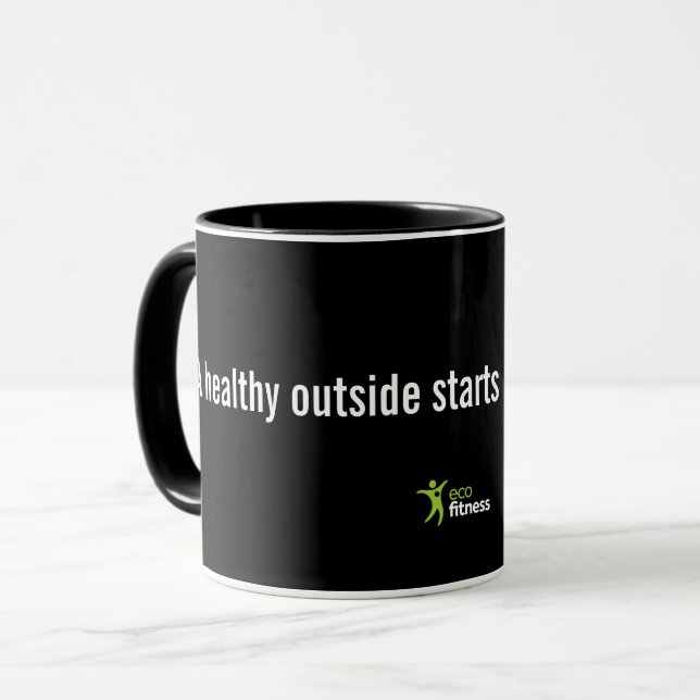 Mug noir 11 oz | Eco Fitness saine à l'intérieur (Devant gauche)