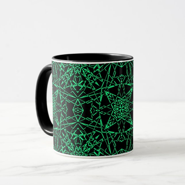 Mug Noir abstrait araignée lignes nettes néon vert (Devant gauche)
