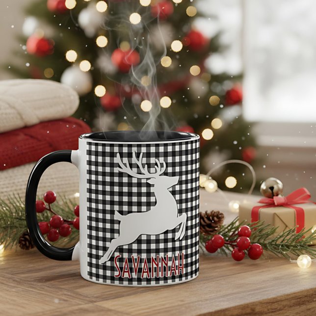 Mug Noir & Blanc Noir & Blanc Plaid Nom personnalisé (Créateur téléchargé)