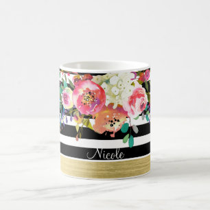 Mug Noir Blanc Or Moderne Floral Glam Chic Personnalis