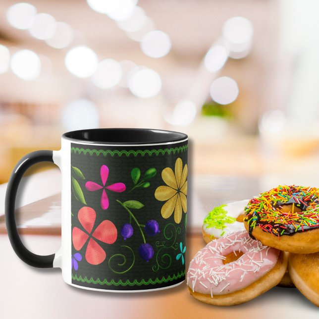 Mug Noir élégant | Floral folklorique latino-américain (Créateur téléchargé)