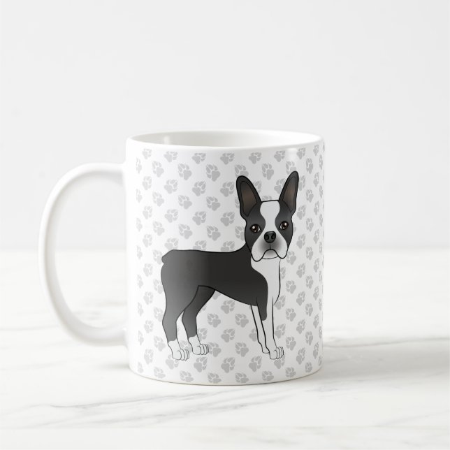 Mug Noir Et Blanc Boston Terrier Cartoon Chien & Pâtes (Gauche)