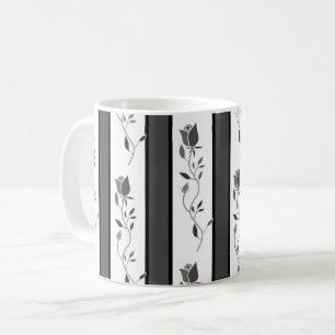 Mug Noir et blanc gris rayé vintage avec des roses