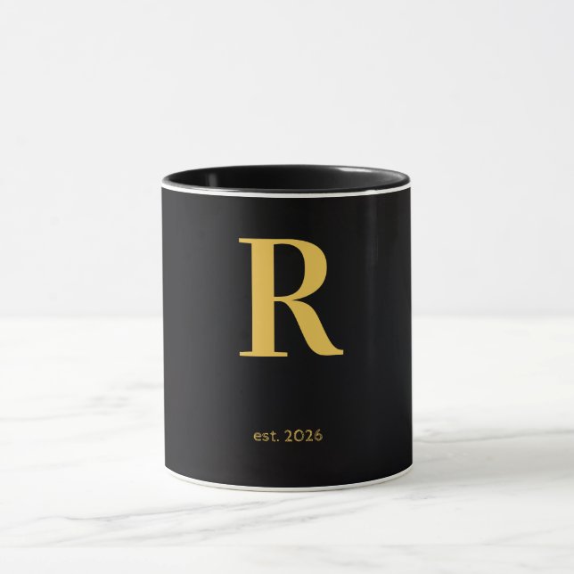 Mug noir lettre R dorée | Mug à monogramme minimal (Centre)