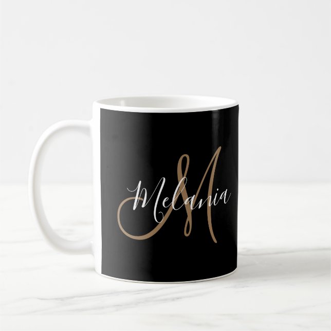 Mug Noir Monogramme Or élégant Nom de script élégant (Gauche)