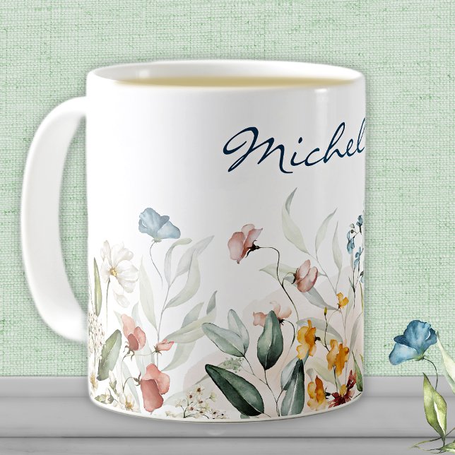 Mug Nom, Aquarelle Fleur sauvage Florals 11oz (Créateur téléchargé)