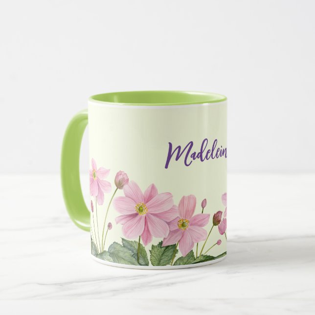 Mug Nom Aquarelle rose japonais anémone illustration (Devant gauche)