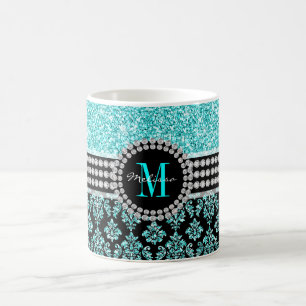 Mug Nom bleu de damassé de parties scintillantes