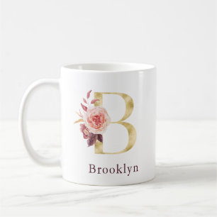 Mug Nom Bourgogne et monogramme floral rose Lettre B C