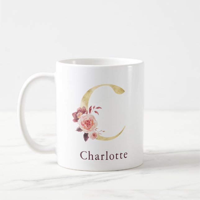 Mug Nom Bourgogne et monogramme floral rose lettre C (Gauche)