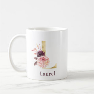 Mug Nom Bourgogne et monogramme floral rose Lettre L
