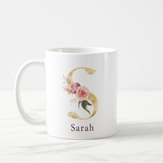 Mug Nom Bourgogne et monogramme floral rose Lettre S (Gauche)