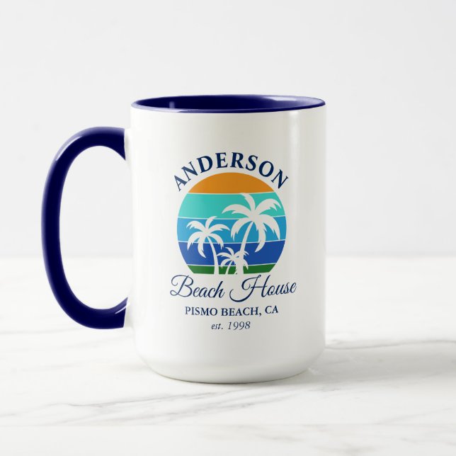Mug Nom de famille Beach House Sun Palm Trees Bleu Gra (Gauche)