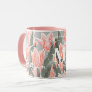Mug Nom de famille élégant Monogramme Peach Tulips Pei