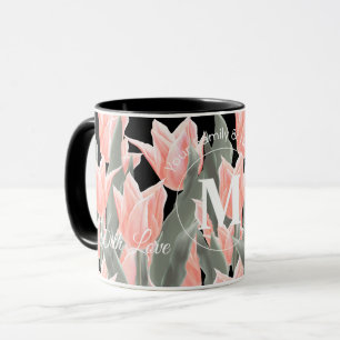 Mug Nom De Famille Élégant Monogramme Peach Tulips Pei