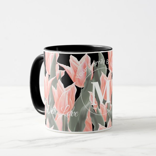 Mug Nom de famille élégant Monogramme Peach Tulips Pei (Devant gauche)
