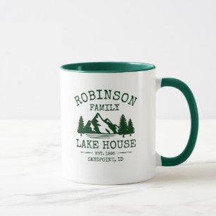 Mug Nom de famille Lake House Forest Green Trees Deux 