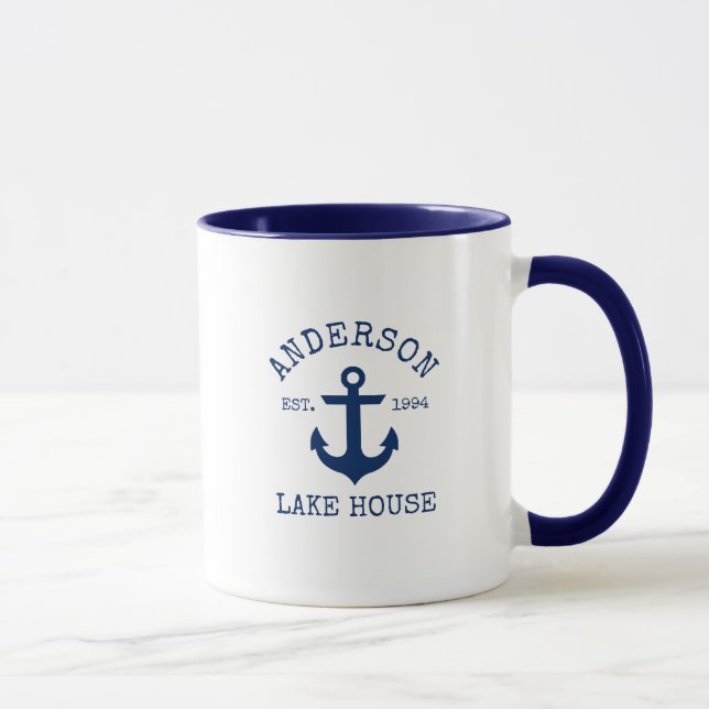 Mug Nom de famille nautique Lake House Ancre Bleu blan (Droite)