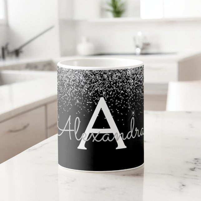 Mug Nom de luxe en paillettes noir argenté Monogramme (Créateur téléchargé)
