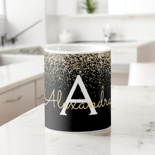 Mug Nom de monogramme paillettes scintillement noir or