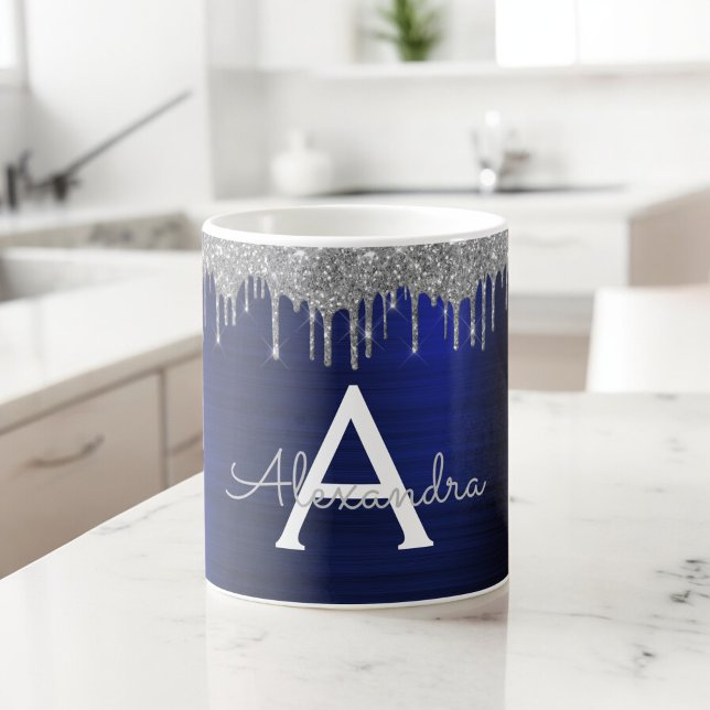 Mug Nom de monogramme scintillant paillettes bleu mari (Créateur téléchargé)
