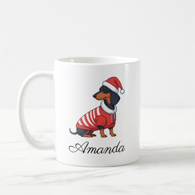 Mug Nom de Noël de mignet noir & Tan Dachshund (Gauche)