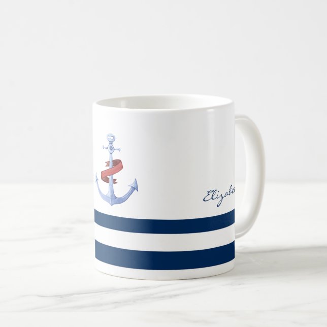 Mug Nom du bateau nautique, Ancre Bleue Marine Bleu ra (Devant droit)